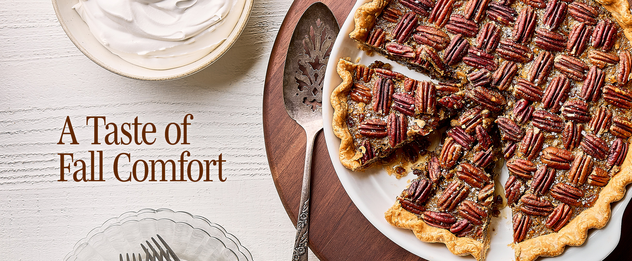 Pecan pie with text A Taste of Fall Comfort