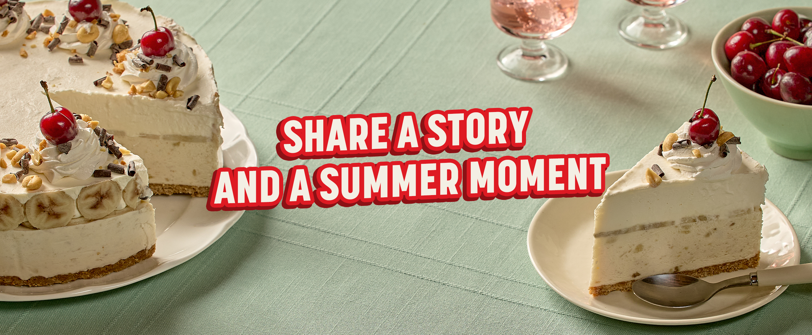 Banana split ice cream cake with text Share a story and a summer moment